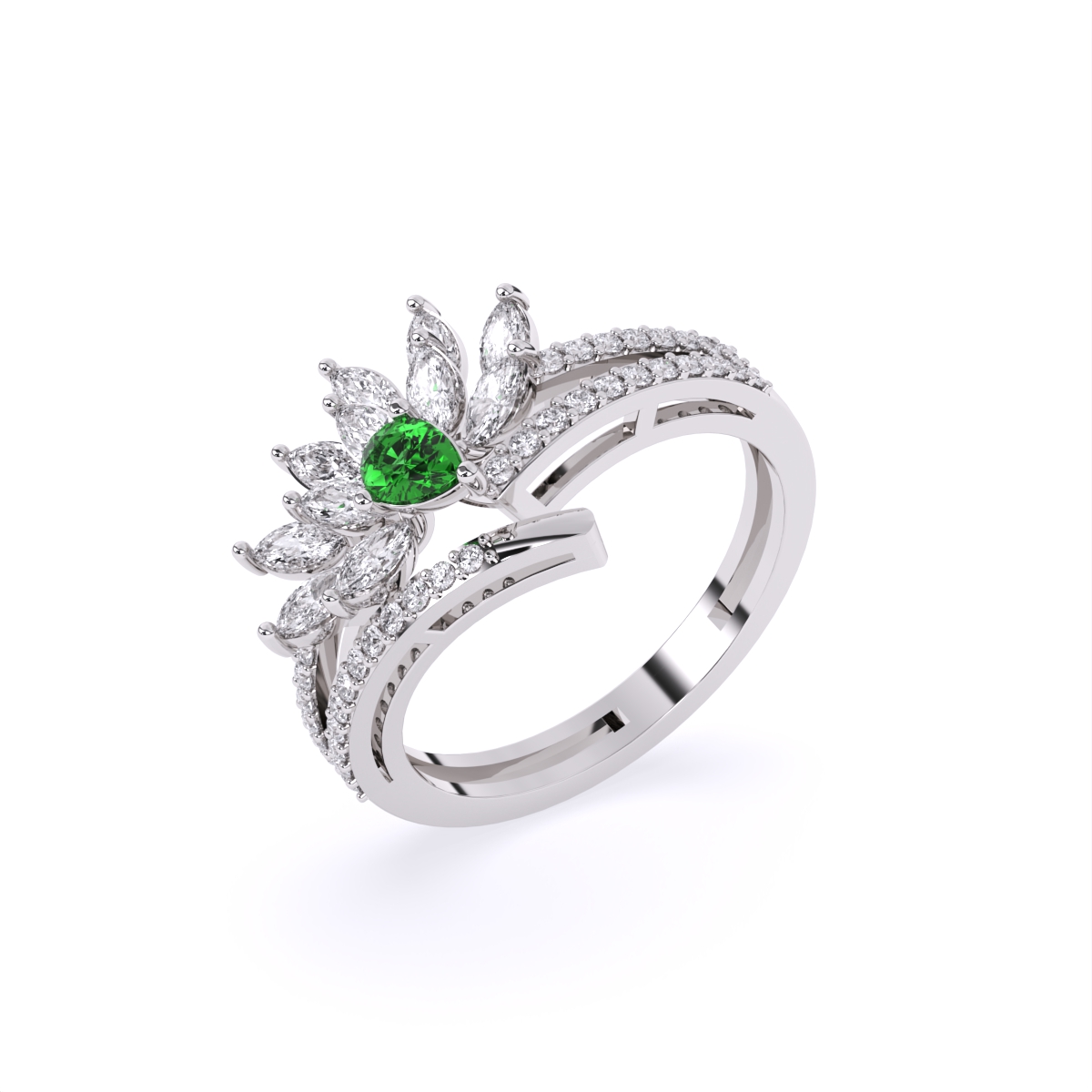 Stunning Diamond Floral With Green Stone Ring