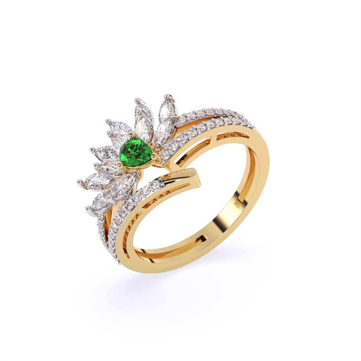 Stunning Diamond Floral With Green Stone Ring