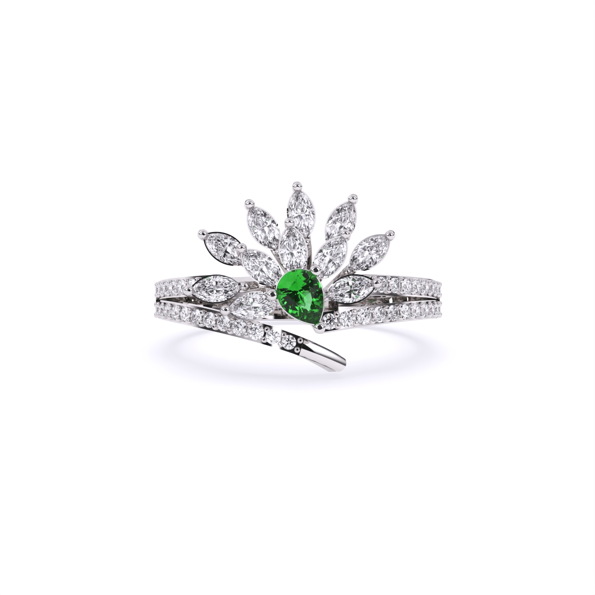 Stunning Diamond Floral With Green Stone Ring