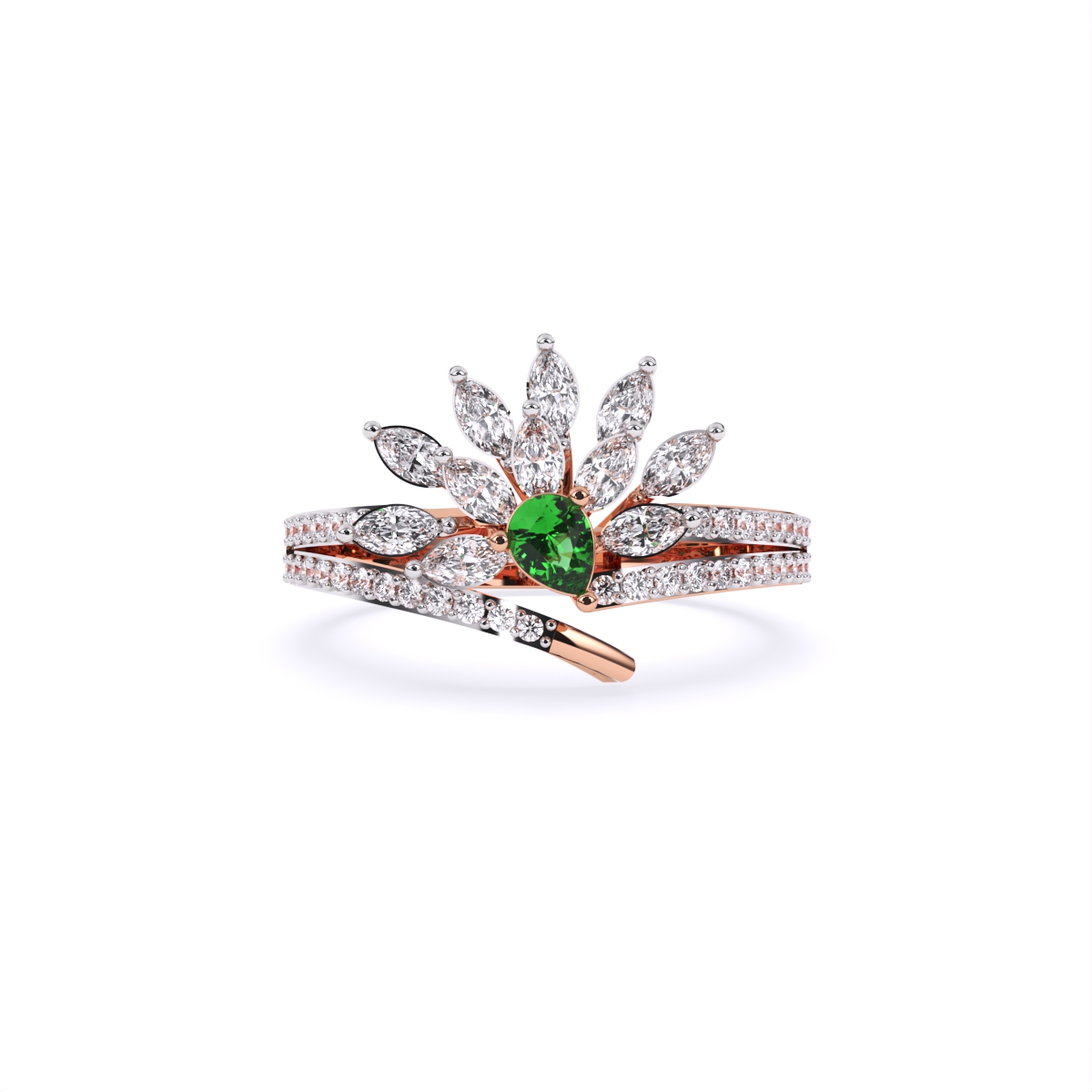 Stunning Diamond Floral With Green Stone Ring