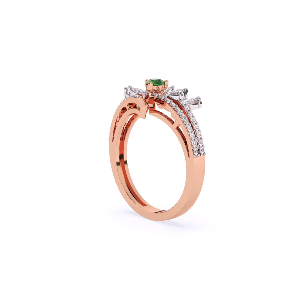 Stunning Diamond Floral With Green Stone Ring