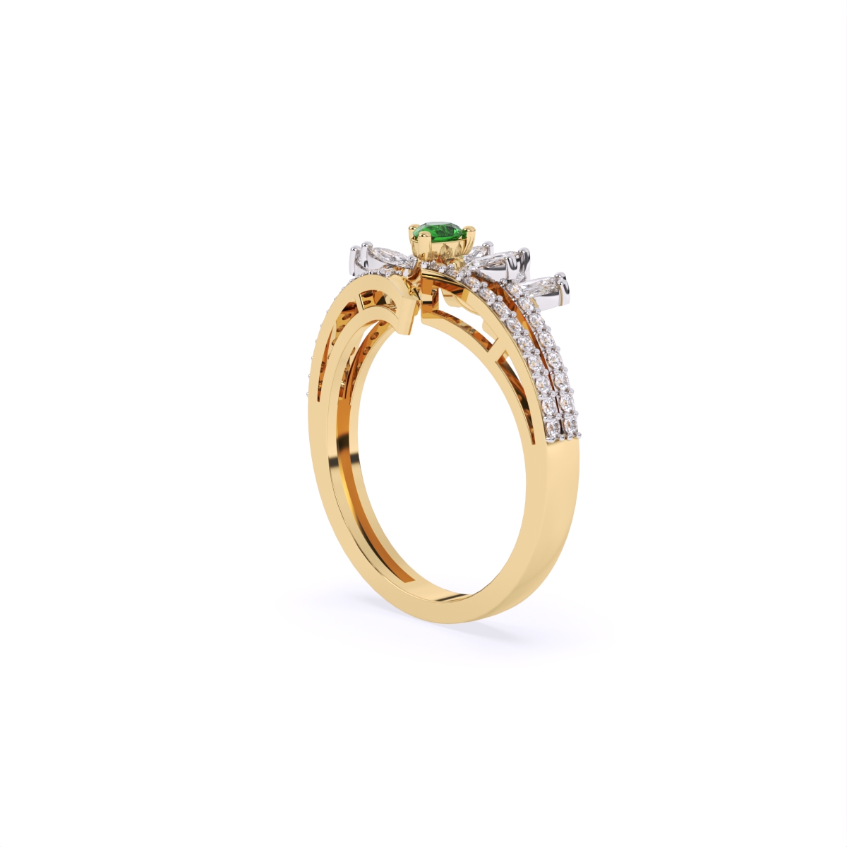 Stunning Diamond Floral With Green Stone Ring