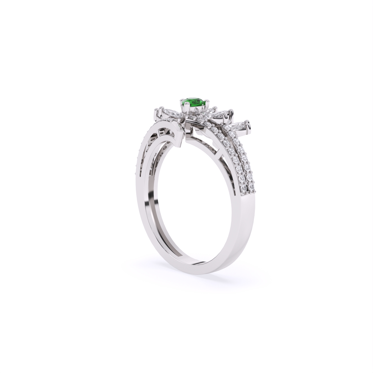 Stunning Diamond Floral With Green Stone Ring