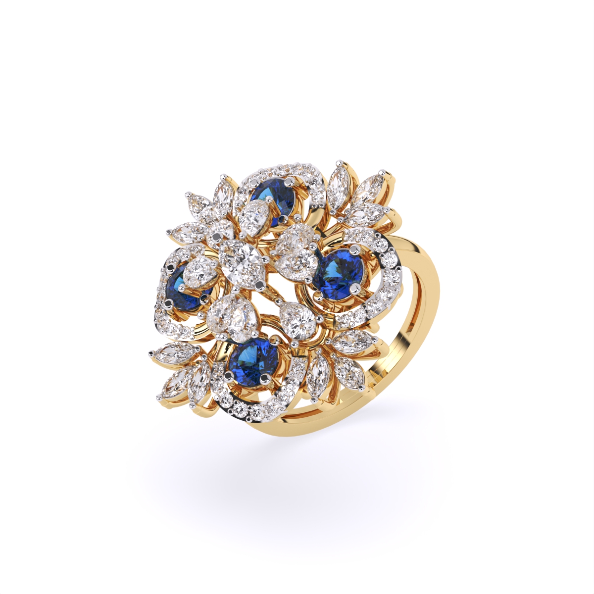 Luxurious Diamond Floral Ring With Blue Stone