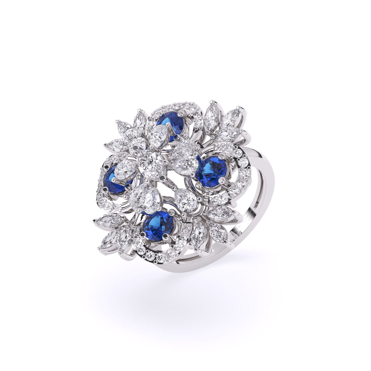 Luxurious Diamond Floral Ring With Blue Stone