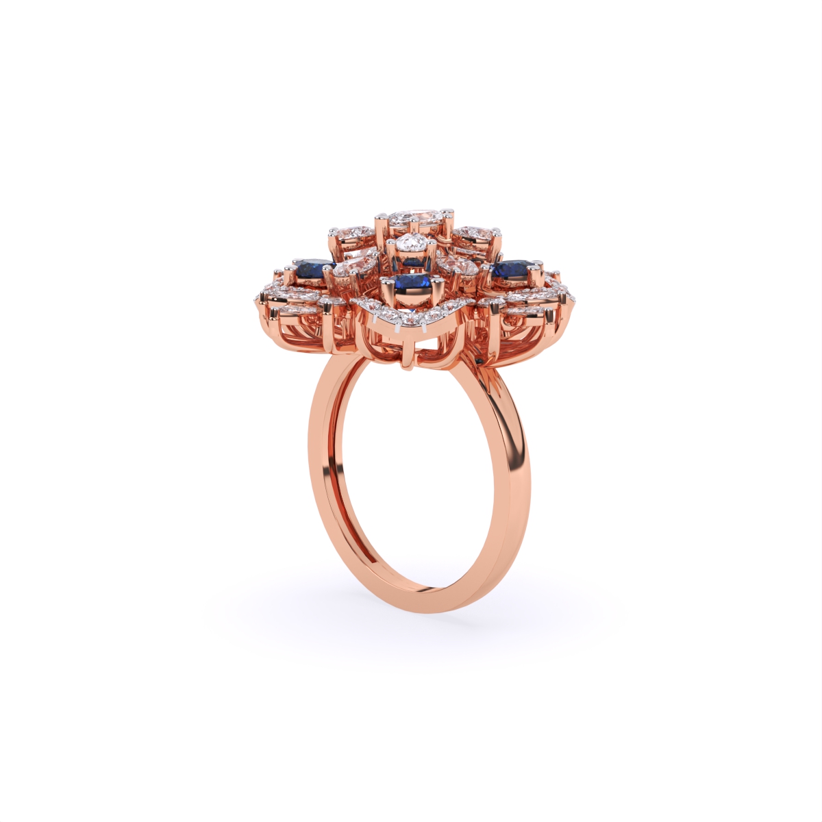 Luxurious Diamond Floral Ring With Blue Stone