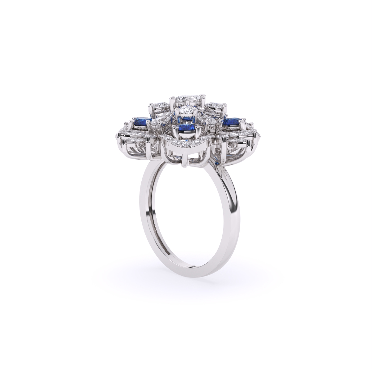 Luxurious Diamond Floral Ring With Blue Stone