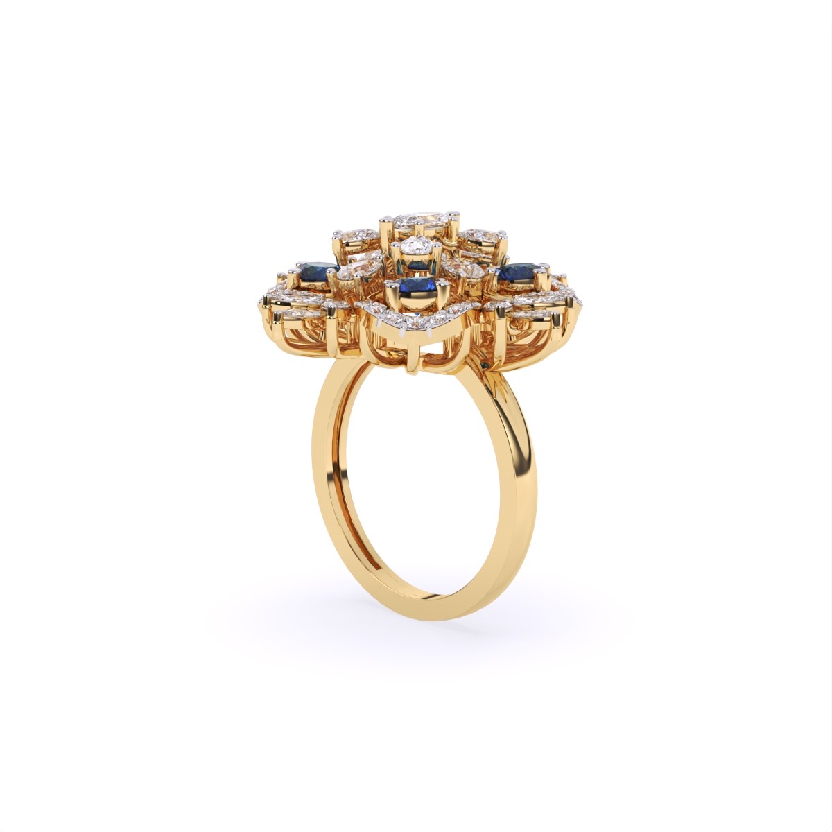 Luxurious Diamond Floral Ring With Blue Stone