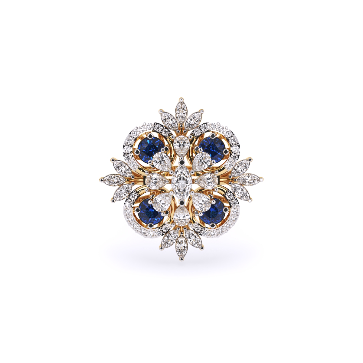 Luxurious Diamond Floral Ring With Blue Stone