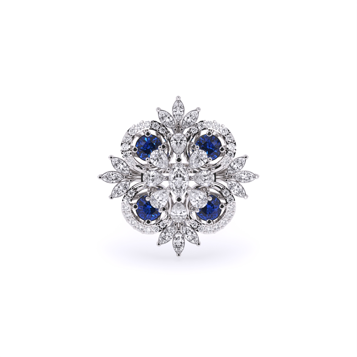Luxurious Diamond Floral Ring With Blue Stone