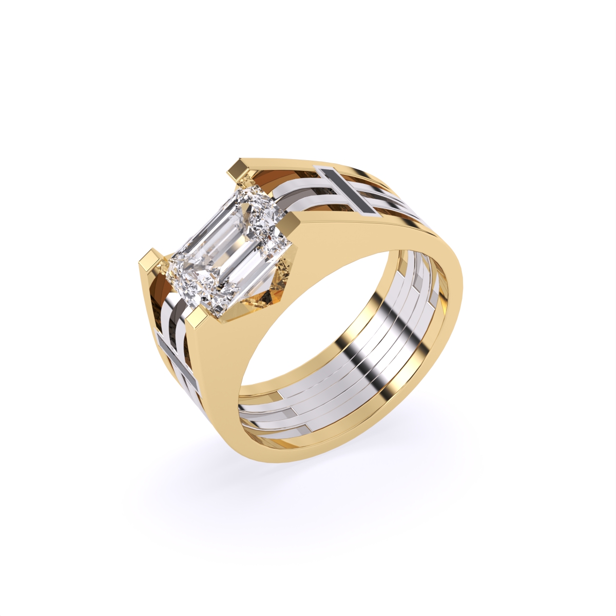 Modern Two-Tone Band with Emerald Cut Diamond Centerpiece