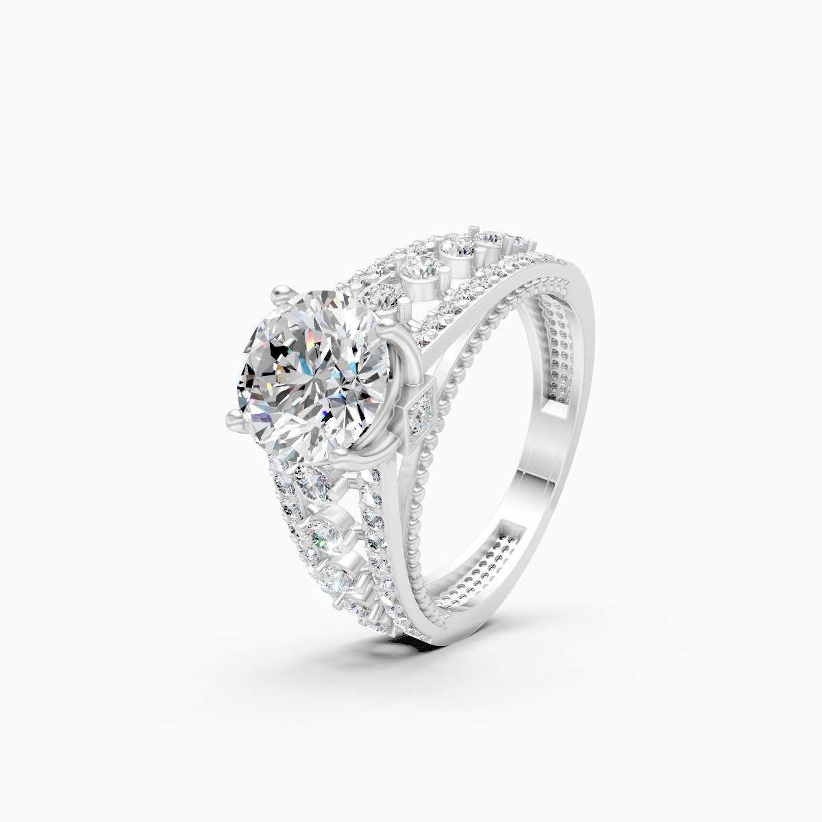 Round Solitaire and Round Centerpiece Double Shank Ring