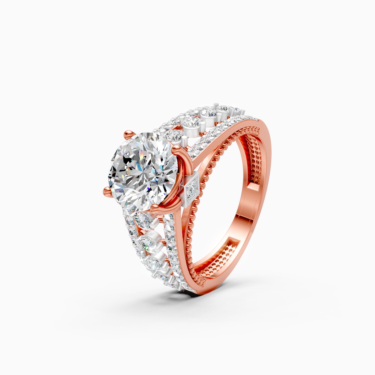Round Solitaire and Round Centerpiece Double Shank Ring
