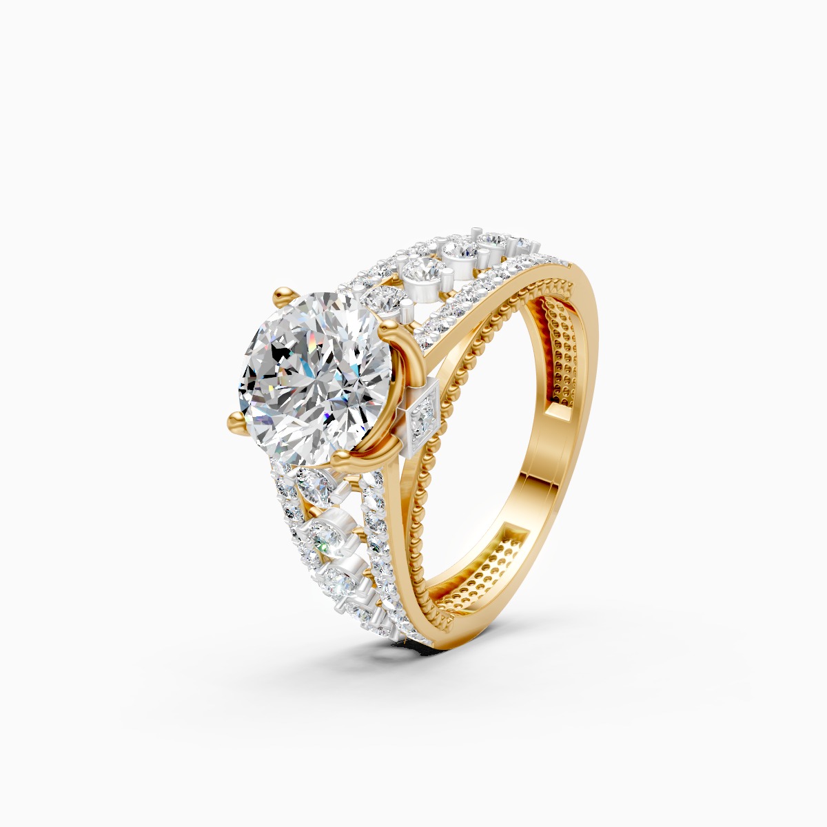 Round Solitaire and Round Centerpiece Double Shank Ring