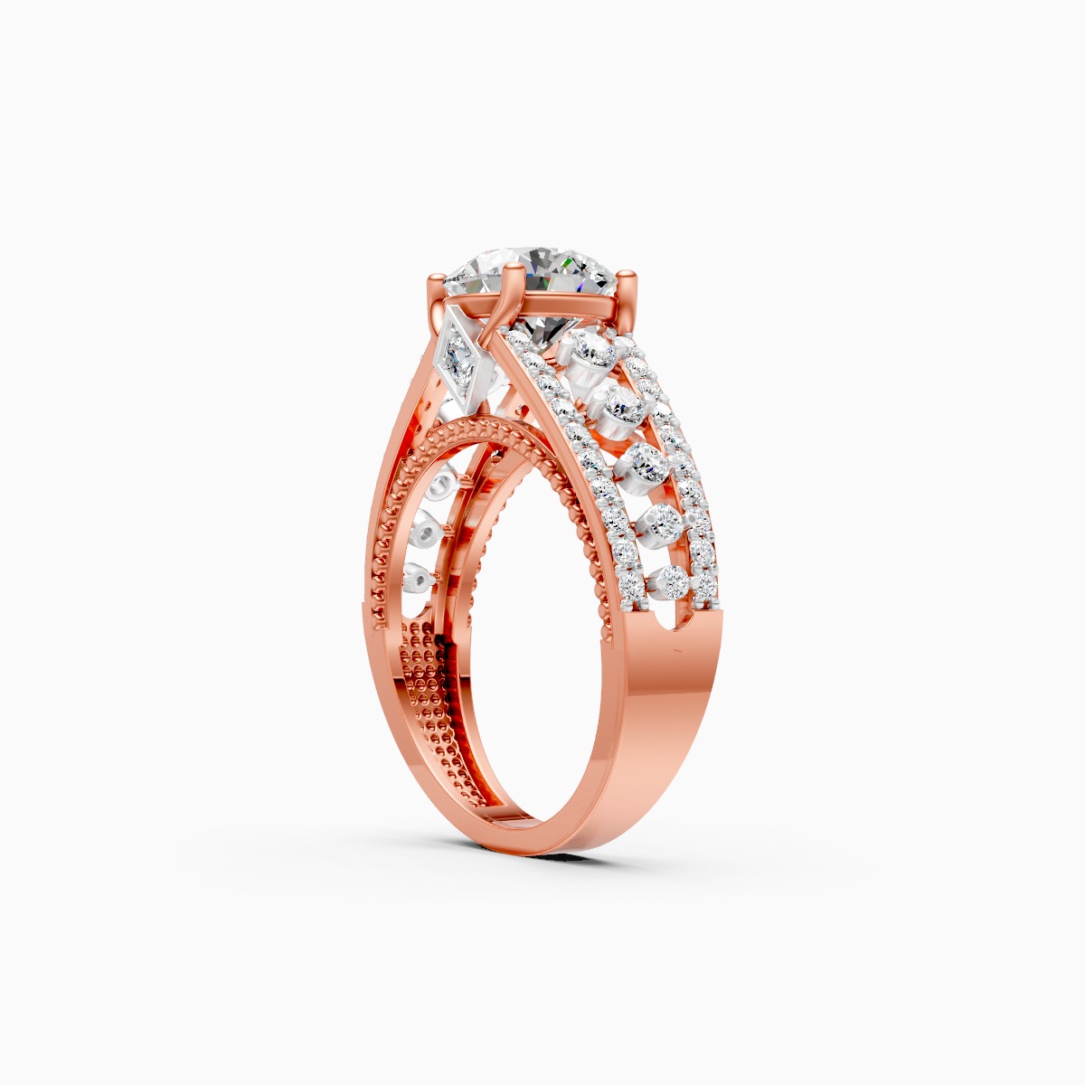 Round Solitaire and Round Centerpiece Double Shank Ring