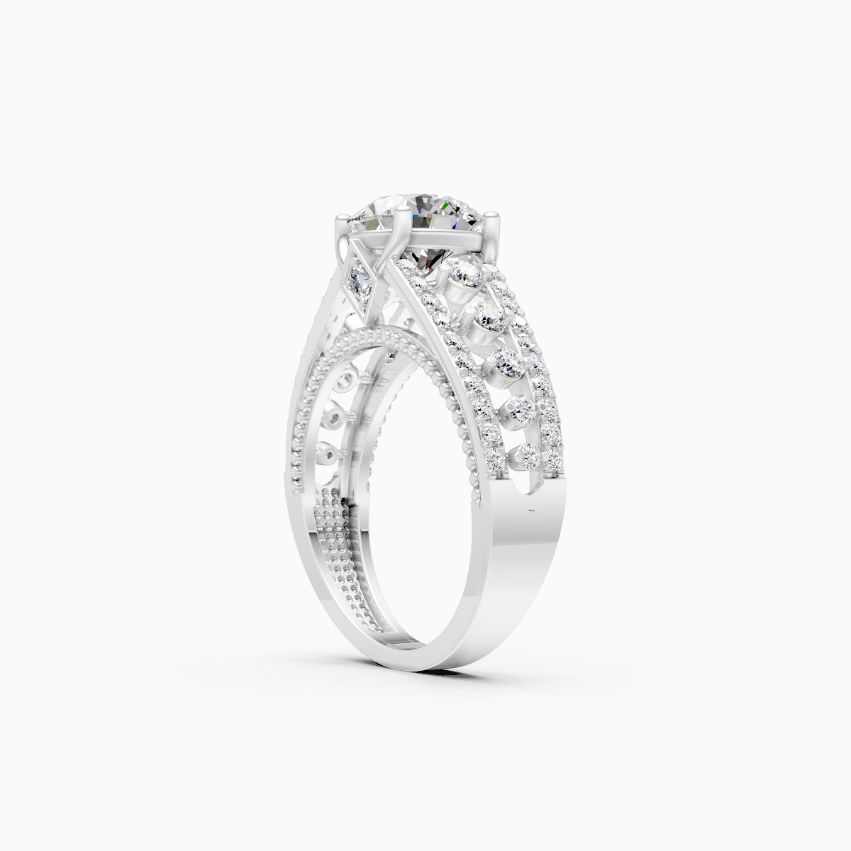 Round Solitaire and Round Centerpiece Double Shank Ring