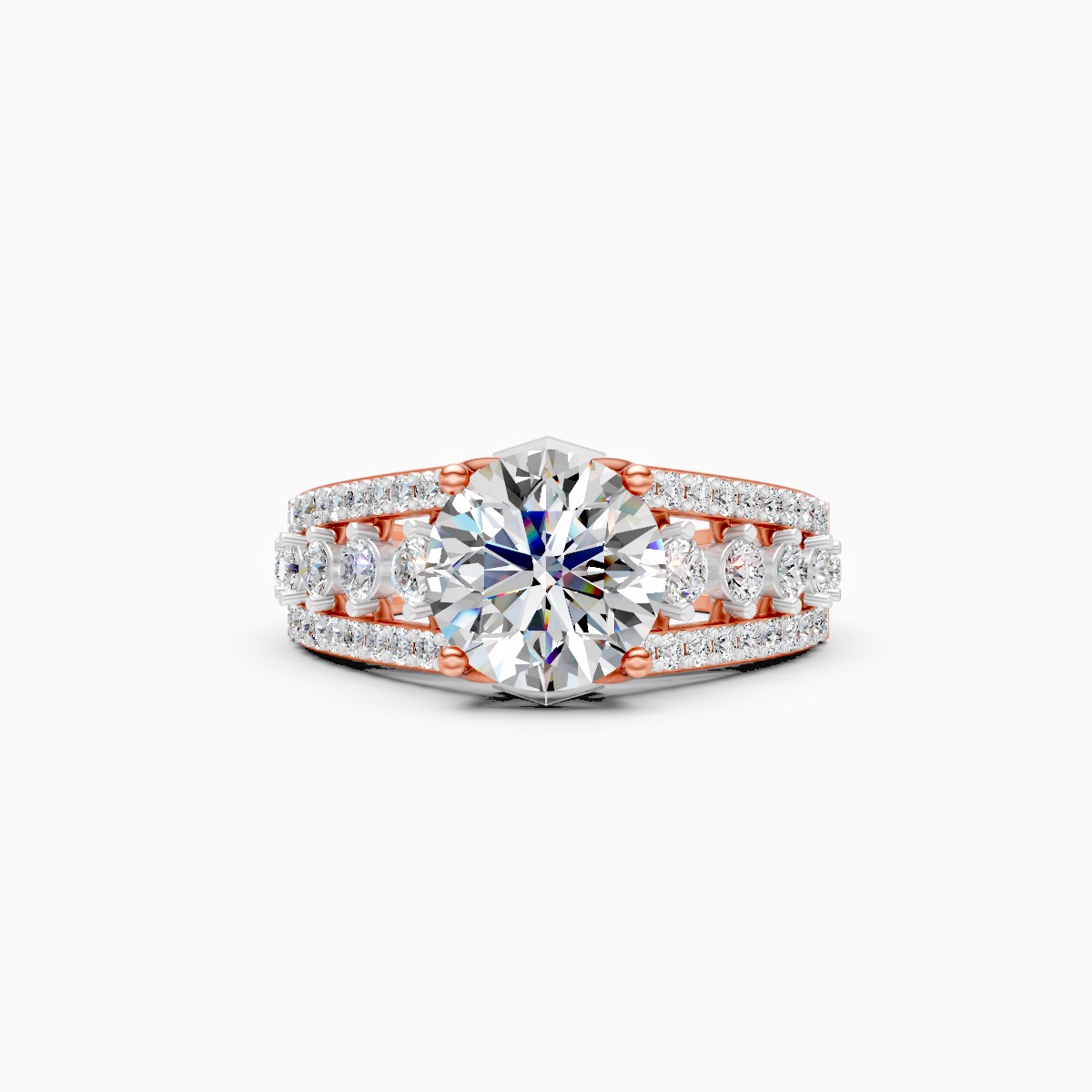 Round Solitaire and Round Centerpiece Double Shank Ring