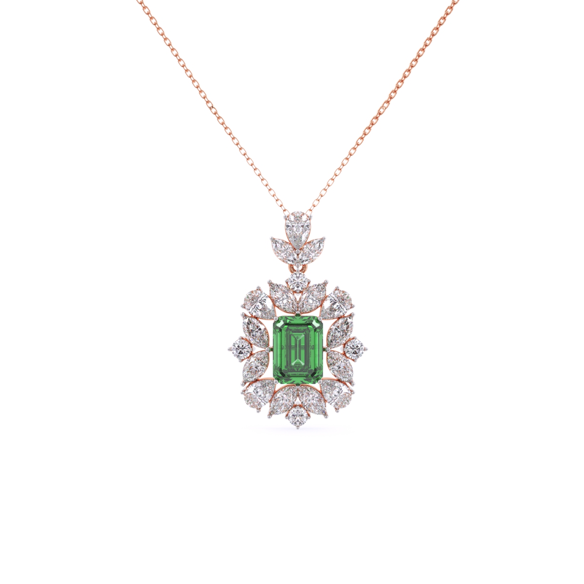 Luxurious Green Emerald Diamond Necklace With Chain