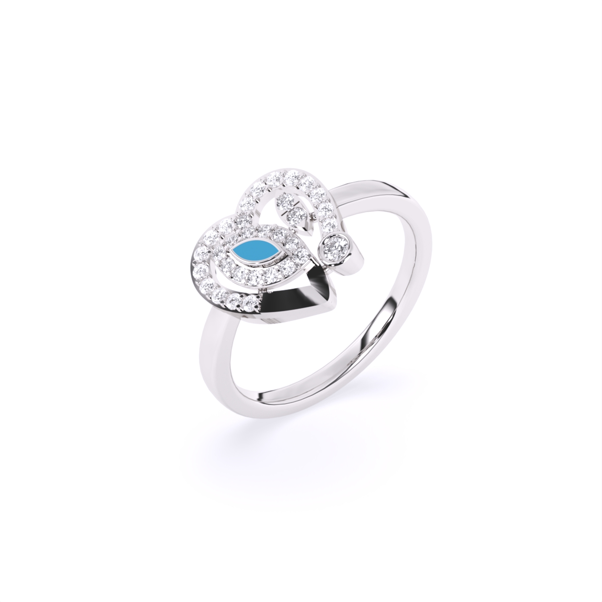 Heart Shaped Blue Enamel Evil Eye Accent Engagement Ring