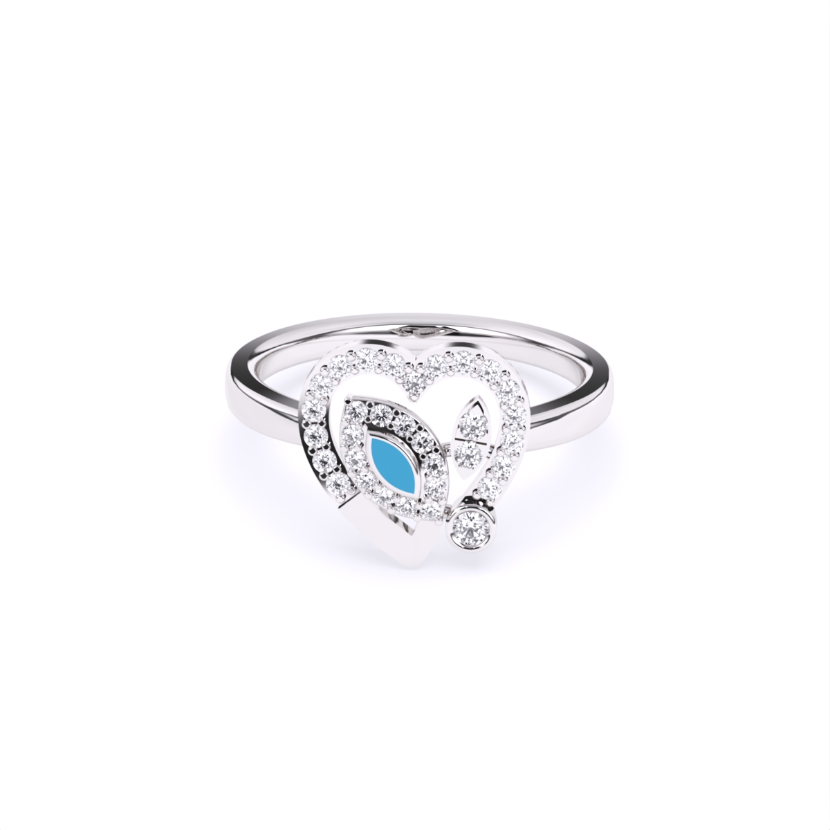 Heart Shaped Blue Enamel Evil Eye Accent Engagement Ring