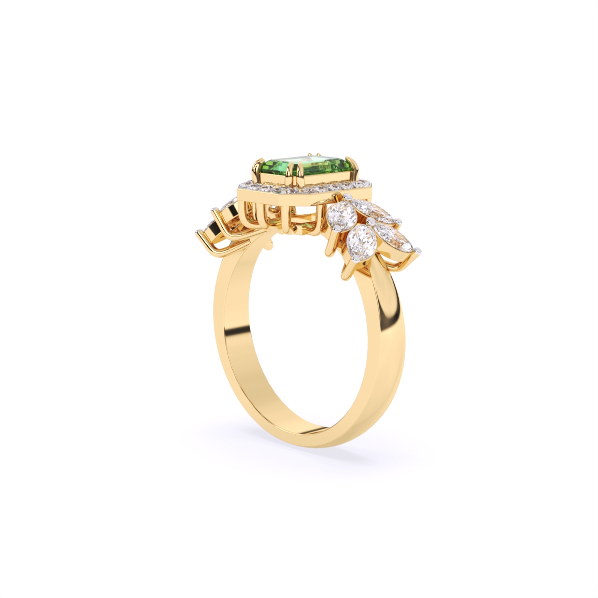 Green Emerald Side Marquise Lab Grown Diamond Ring