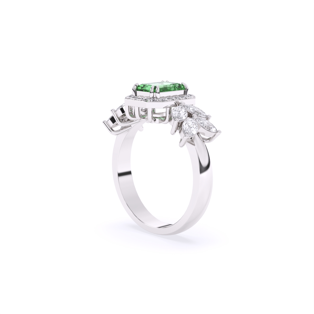 Green Emerald Side Marquise Lab Grown Diamond Ring
