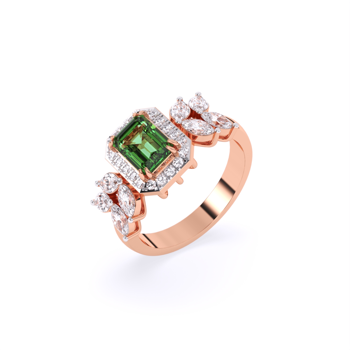 Green Emerald Side Marquise Lab Grown Diamond Ring