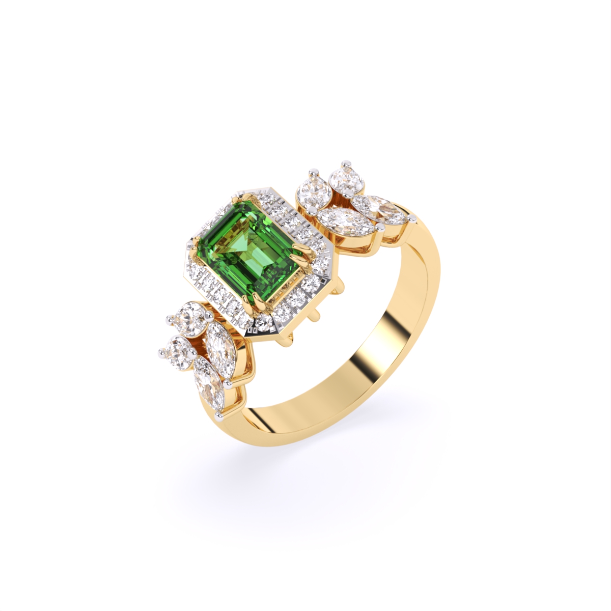 Green Emerald Side Marquise Lab Grown Diamond Ring