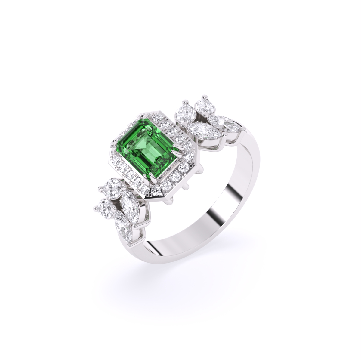 Green Emerald Side Marquise Lab Grown Diamond Ring