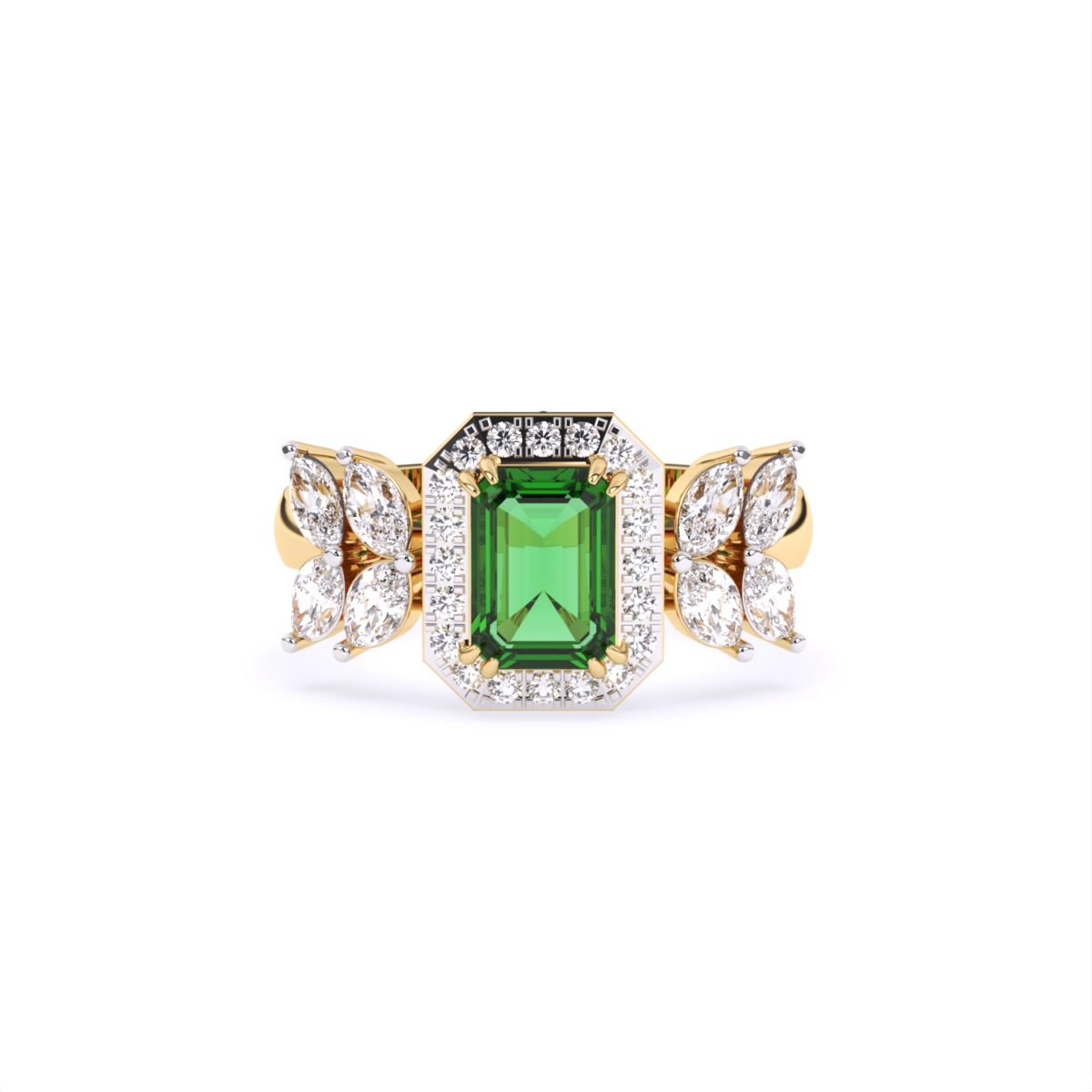 Green Emerald Side Marquise Lab Grown Diamond Ring