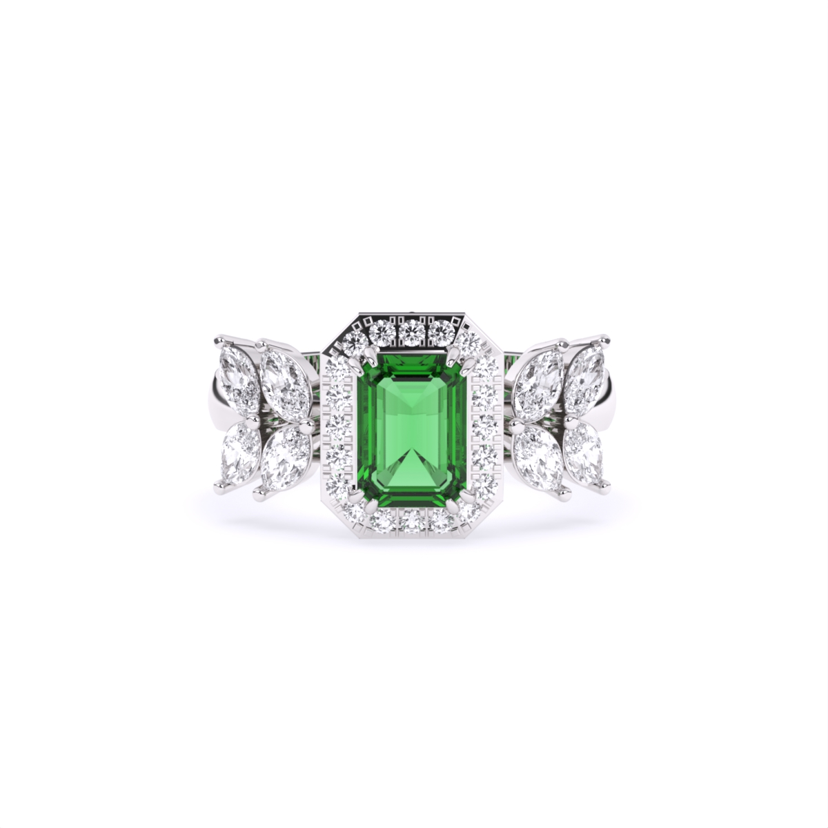 Green Emerald Side Marquise Lab Grown Diamond Ring