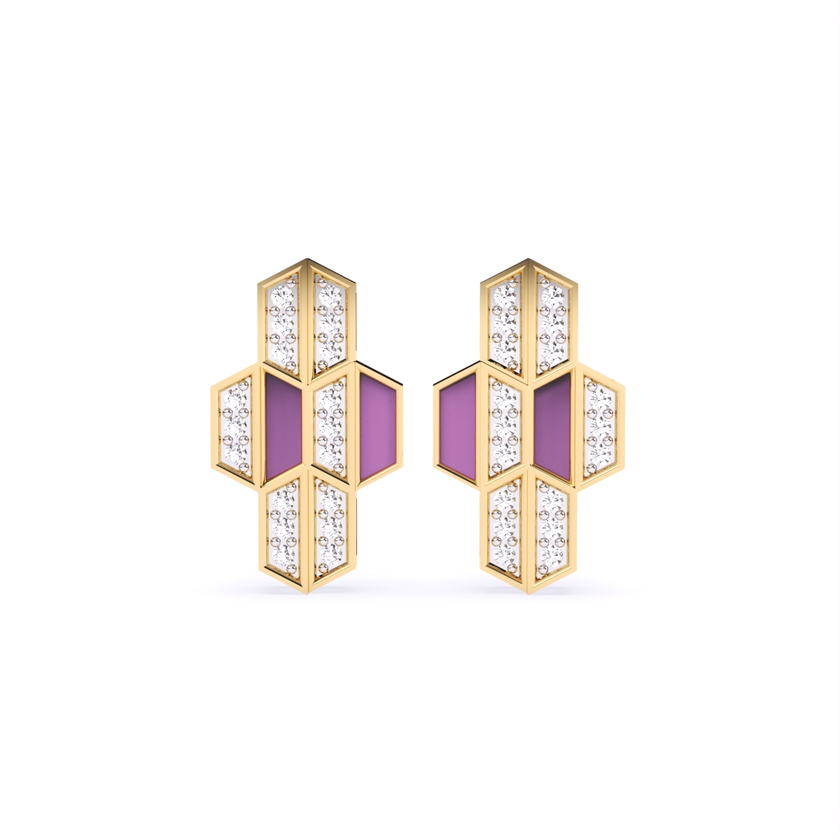 Hexagon Style  Lab Grown Diamond with Purple Enamel Earrings