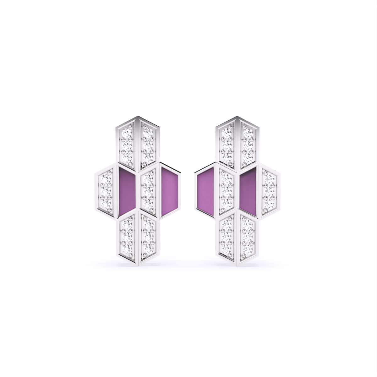 Hexagon Style  Lab Grown Diamond with Purple Enamel Earrings