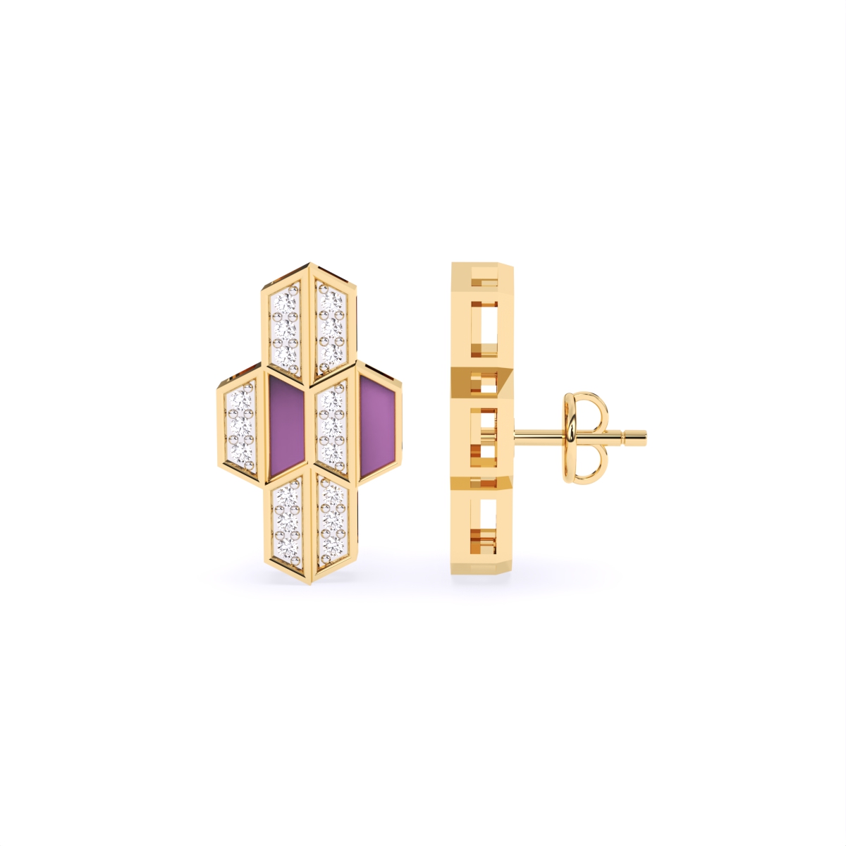 Hexagon Style  Lab Grown Diamond with Purple Enamel Earrings