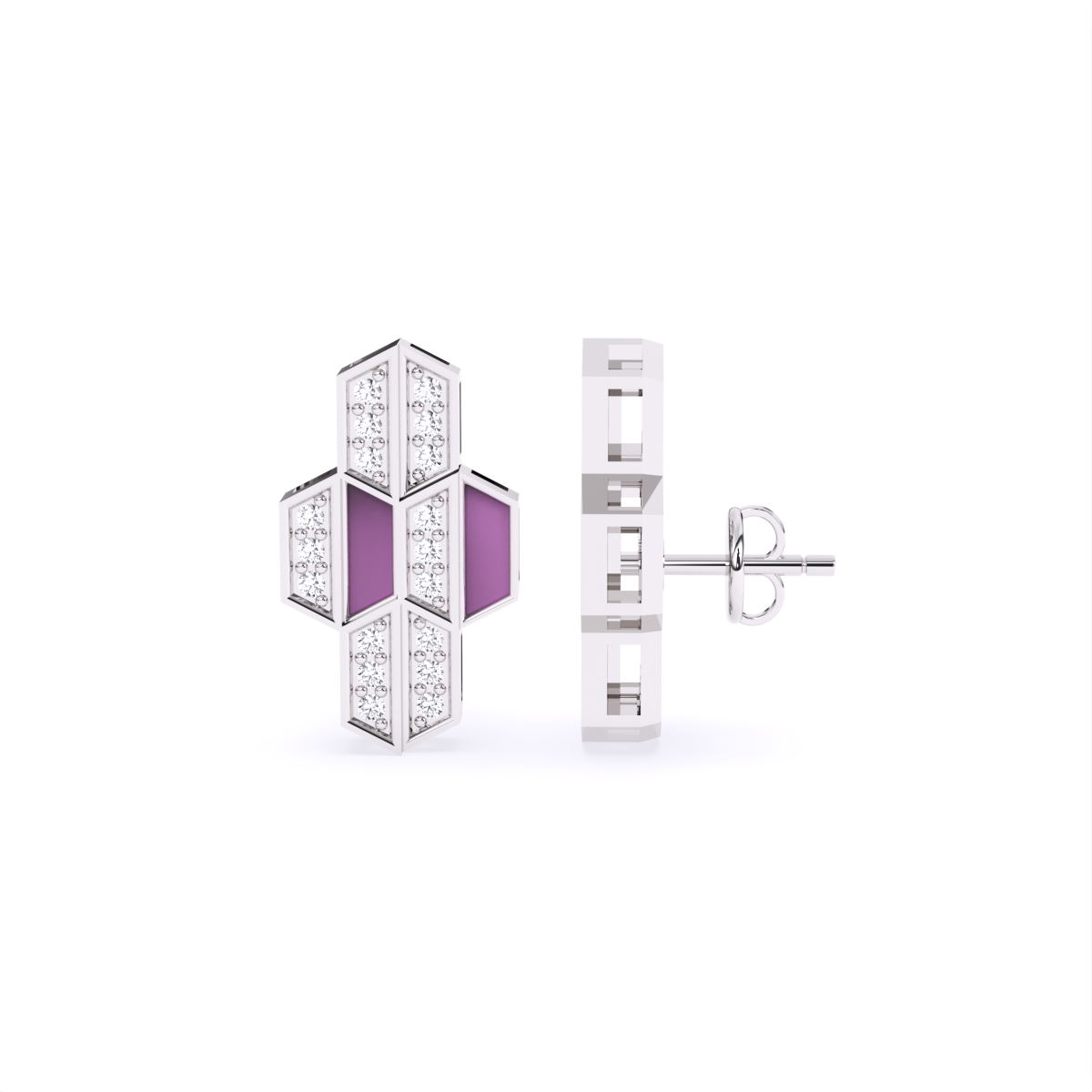 Hexagon Style  Lab Grown Diamond with Purple Enamel Earrings